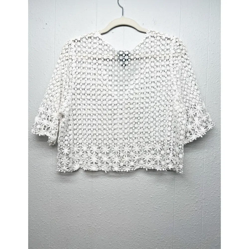 Rabbit Designs White Crochet Cardigan Womens L Cotton Y2K Dainty Fairy Grunge - Picture 5 of 10